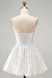 Sparkly Beaded White A-Line Strapless Short Cocktail Dress with Pearls