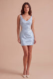 Sparkly Blue Bodycon Beaded V-Neck Cut Out Short Cocktail Dress with Pearls