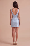 Sparkly Blue Bodycon Beaded V-Neck Cut Out Short Cocktail Dress with Pearls