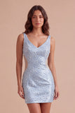 Sparkly Blue Bodycon Beaded V-Neck Cut Out Short Cocktail Dress with Pearls