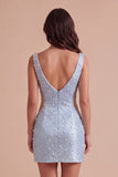 Sparkly Blue Bodycon Beaded V-Neck Cut Out Short Cocktail Dress with Pearls