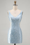 Sparkly Blue Bodycon Beaded V-Neck Cut Out Short Cocktail Dress with Pearls