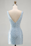 Sparkly Blue Bodycon Beaded V-Neck Cut Out Short Cocktail Dress with Pearls