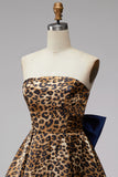 Brown Cheetah Print Strapless A-Line Short Cocktail Dress with Bow