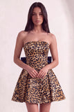 Brown Cheetah Print Strapless A-Line Short Cocktail Dress with Bow