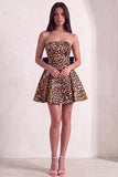 Brown Cheetah Print Strapless A-Line Short Cocktail Dress with Bow