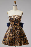 Brown Cheetah Print Strapless A-Line Short Cocktail Dress with Bow