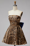 Brown Cheetah Print Strapless A-Line Short Cocktail Dress with Bow