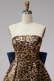Brown Cheetah Print Strapless A-Line Short Cocktail Dress with Bow