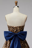 Brown Cheetah Print Strapless A-Line Short Cocktail Dress with Bow