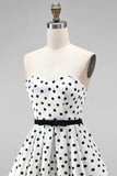 White A-Line Strapless Polka Dots Short Cocktail Dress with Belt