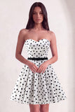 White A-Line Strapless Polka Dots Short Cocktail Dress with Belt