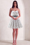 White A-Line Strapless Polka Dots Short Cocktail Dress with Belt