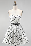 White A-Line Strapless Polka Dots Short Cocktail Dress with Belt