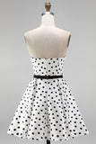 White A-Line Strapless Polka Dots Short Cocktail Dress with Belt