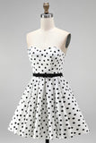 White A-Line Strapless Polka Dots Short Cocktail Dress with Belt