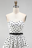 White A-Line Strapless Polka Dots Short Cocktail Dress with Belt