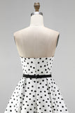 White A-Line Strapless Polka Dots Short Cocktail Dress with Belt