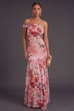 Pink Red Floral Long One Shoulder Sheath Wedding Guest Dress