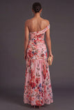 Pink Red Floral Long One Shoulder Sheath Wedding Guest Dress