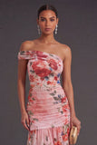Pink Red Floral Long One Shoulder Sheath Wedding Guest Dress