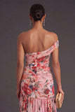 Pink Red Floral Long One Shoulder Sheath Wedding Guest Dress