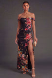 Black Red Floral Long Off the Shoulder Sheath Wedding Guest Dress with Slit