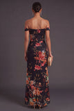 Black Red Floral Long Off the Shoulder Sheath Wedding Guest Dress with Slit