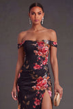 Black Red Floral Long Off the Shoulder Sheath Wedding Guest Dress with Slit