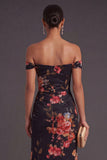 Black Red Floral Long Off the Shoulder Sheath Wedding Guest Dress with Slit