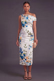 White Blue Long Floral One Shoulder Sheath Wedding Guest Dress