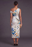 White Blue Long Floral One Shoulder Sheath Wedding Guest Dress