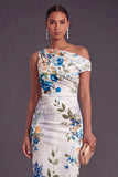 White Blue Long Floral One Shoulder Sheath Wedding Guest Dress
