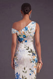 White Blue Long Floral One Shoulder Sheath Wedding Guest Dress