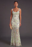 Green Sparkly Sequin Floral Thick Straps Mermaid Long Wedding Guest Dress
