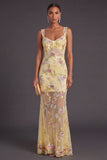 Green Sparkly Sequin Floral Thick Straps Mermaid Long Wedding Guest Dress