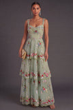 Green Sparkly Floral Sequin Thick Straps A Line Long Wedding Guest Dress with Ruffles