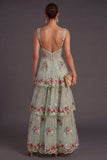 Green Sparkly Floral Sequin Thick Straps A Line Long Wedding Guest Dress with Ruffles