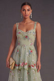 Green Sparkly Floral Sequin Thick Straps A Line Long Wedding Guest Dress with Ruffles