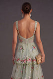 Green Sparkly Floral Sequin Thick Straps A Line Long Wedding Guest Dress with Ruffles