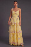Green Sparkly Floral Sequin Thick Straps A Line Long Wedding Guest Dress with Ruffles