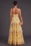 Green Sparkly Floral Sequin Thick Straps A Line Long Wedding Guest Dress with Ruffles
