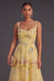 Green Sparkly Floral Sequin Thick Straps A Line Long Wedding Guest Dress with Ruffles