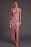 Dusty Rose Sparkly Sequin Spaghetti Straps Sheath Long Wedding Guest Dress with Slit