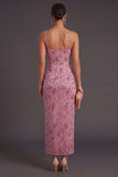 Dusty Rose Sparkly Sequin Spaghetti Straps Sheath Long Wedding Guest Dress with Slit