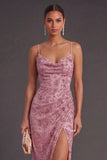 Dusty Rose Sparkly Sequin Spaghetti Straps Sheath Long Wedding Guest Dress with Slit