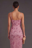 Dusty Rose Sparkly Sequin Spaghetti Straps Sheath Long Wedding Guest Dress with Slit