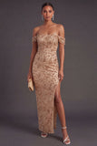 Champagne Sparkly Sequin Off the Shoulder Mermaid Long Wedding Guest Dress with Slit