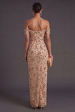 Champagne Sparkly Sequin Off the Shoulder Mermaid Long Wedding Guest Dress with Slit