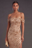Champagne Sparkly Sequin Off the Shoulder Mermaid Long Wedding Guest Dress with Slit